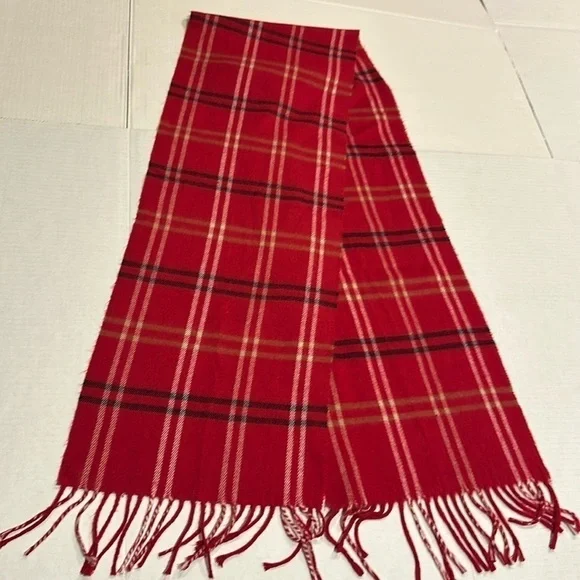 Cejon plaid red white black & tan striped scarf made in Italy with fringe - Picture 1 of 4